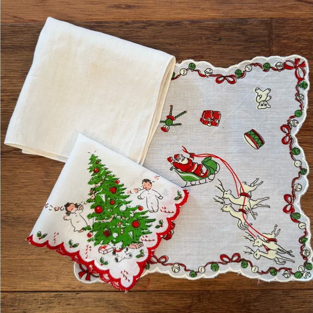 Vintage Set of 3 Christmas Handkerchiefs